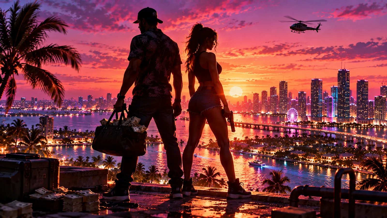 GTA 6 characters: illustrated criminal couple silhouettes