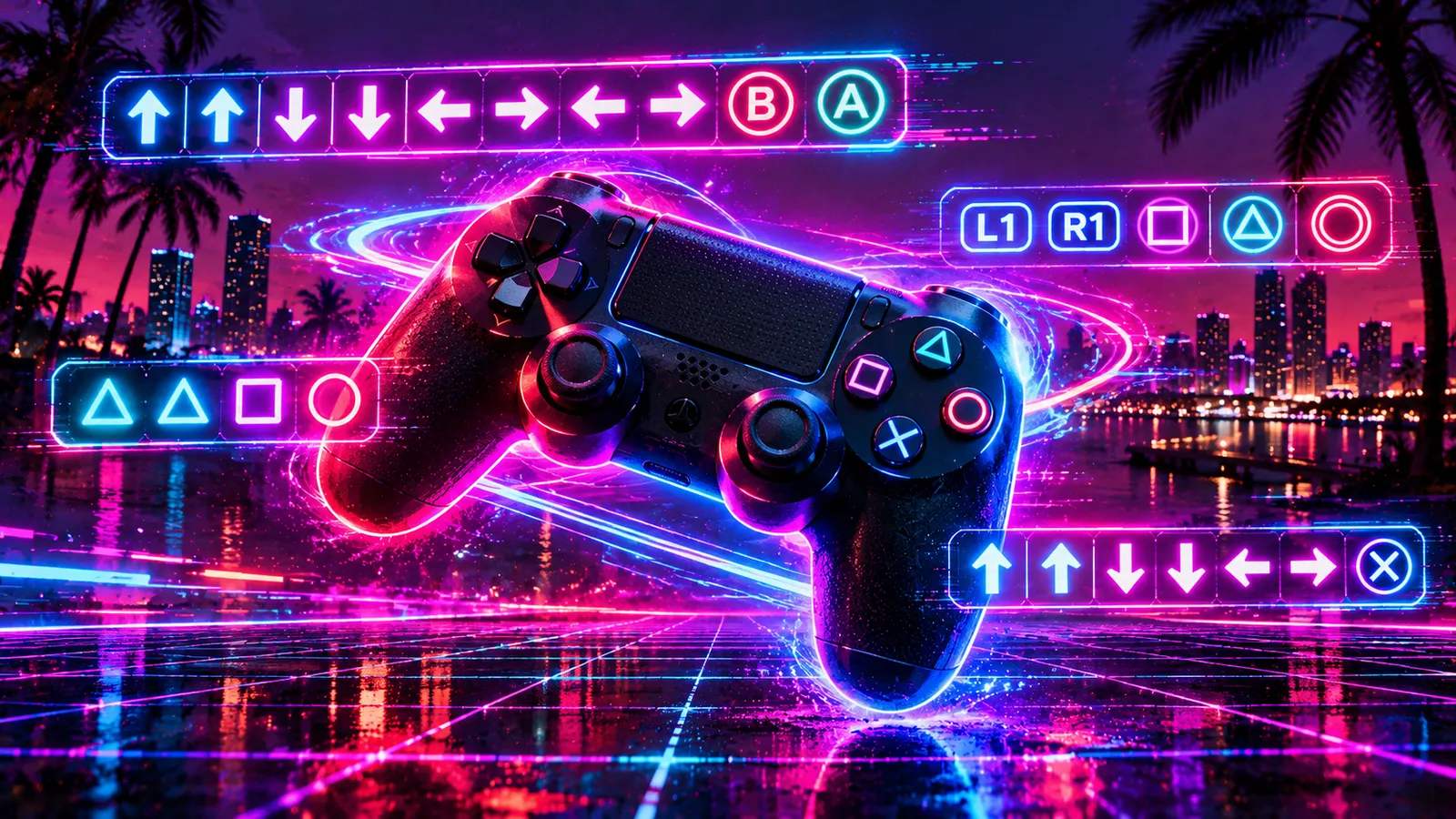 GTA 6 cheats: retro neon controller illustration